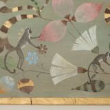 Canvas painted with a decor of lemurs, birds, and flowers. Contemporary.