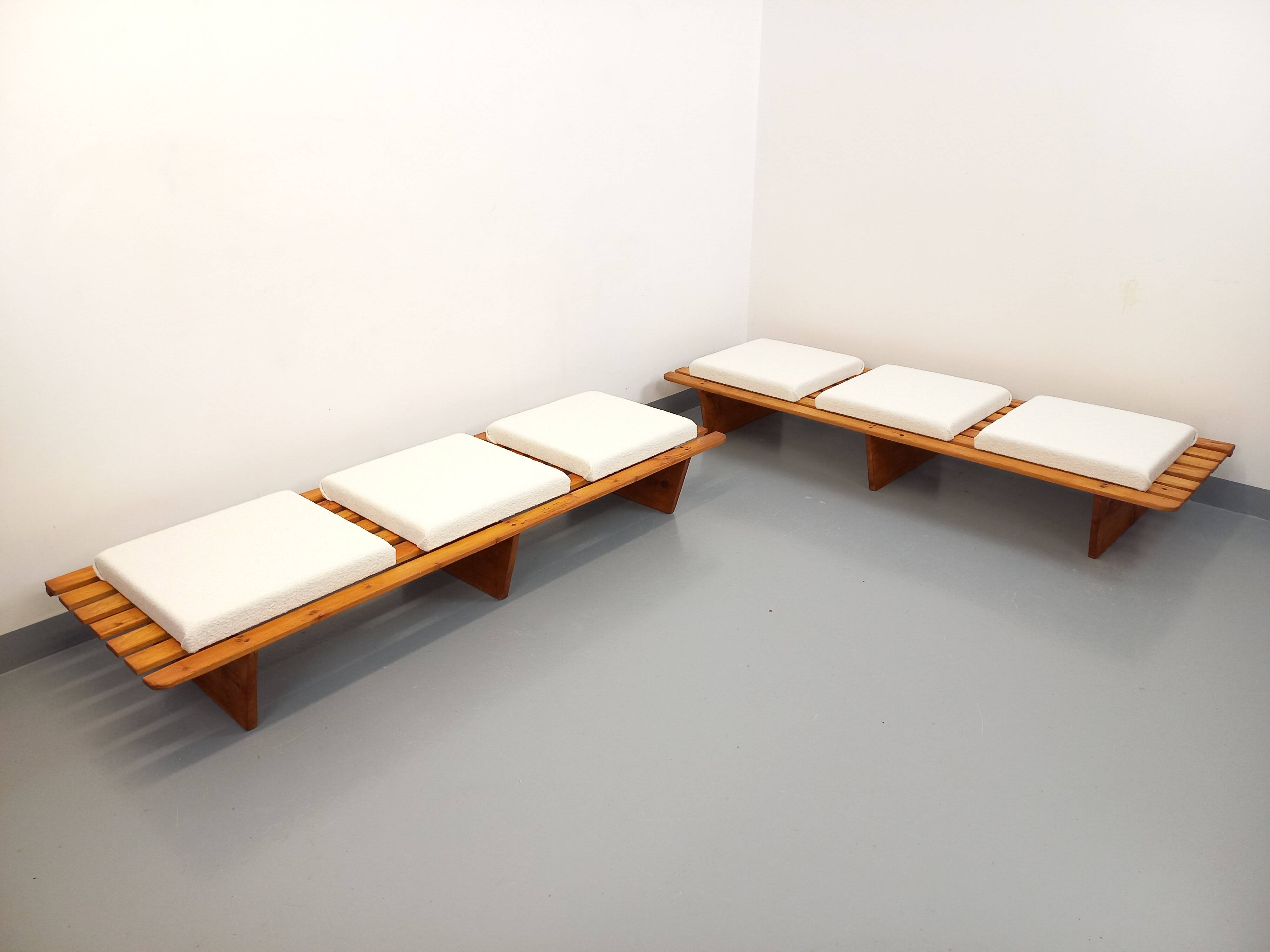 Pair of vintage  Perriand style  pine benches