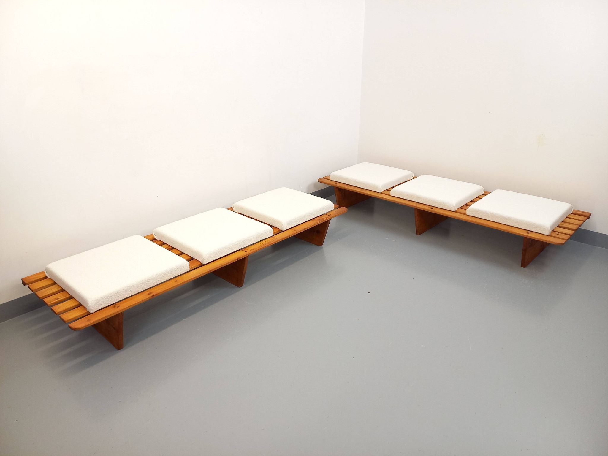 Pair of vintage  Perriand style  pine benches