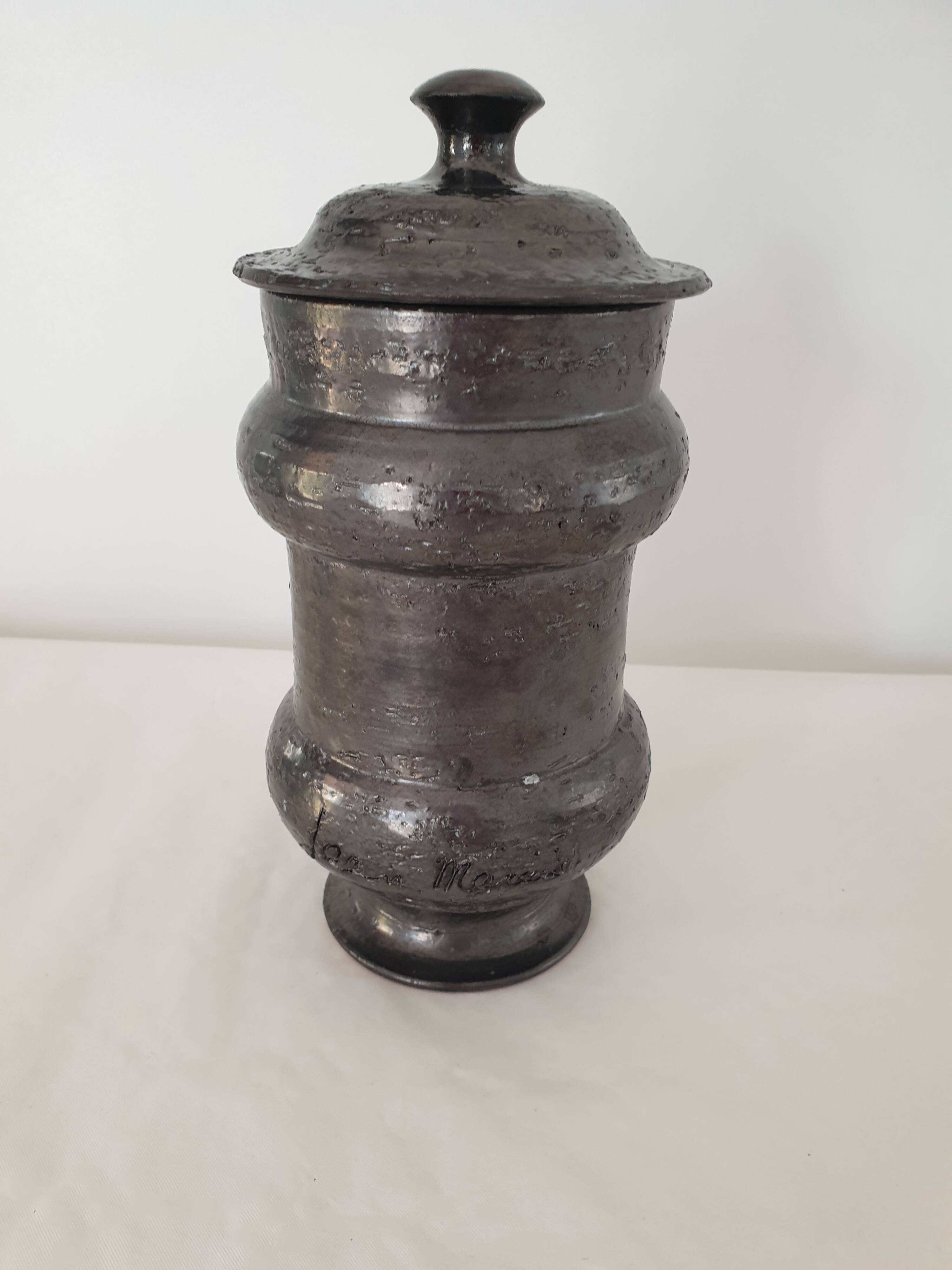 Covered pot on shower foot in black glazed chamotte terracotta Jean Marais