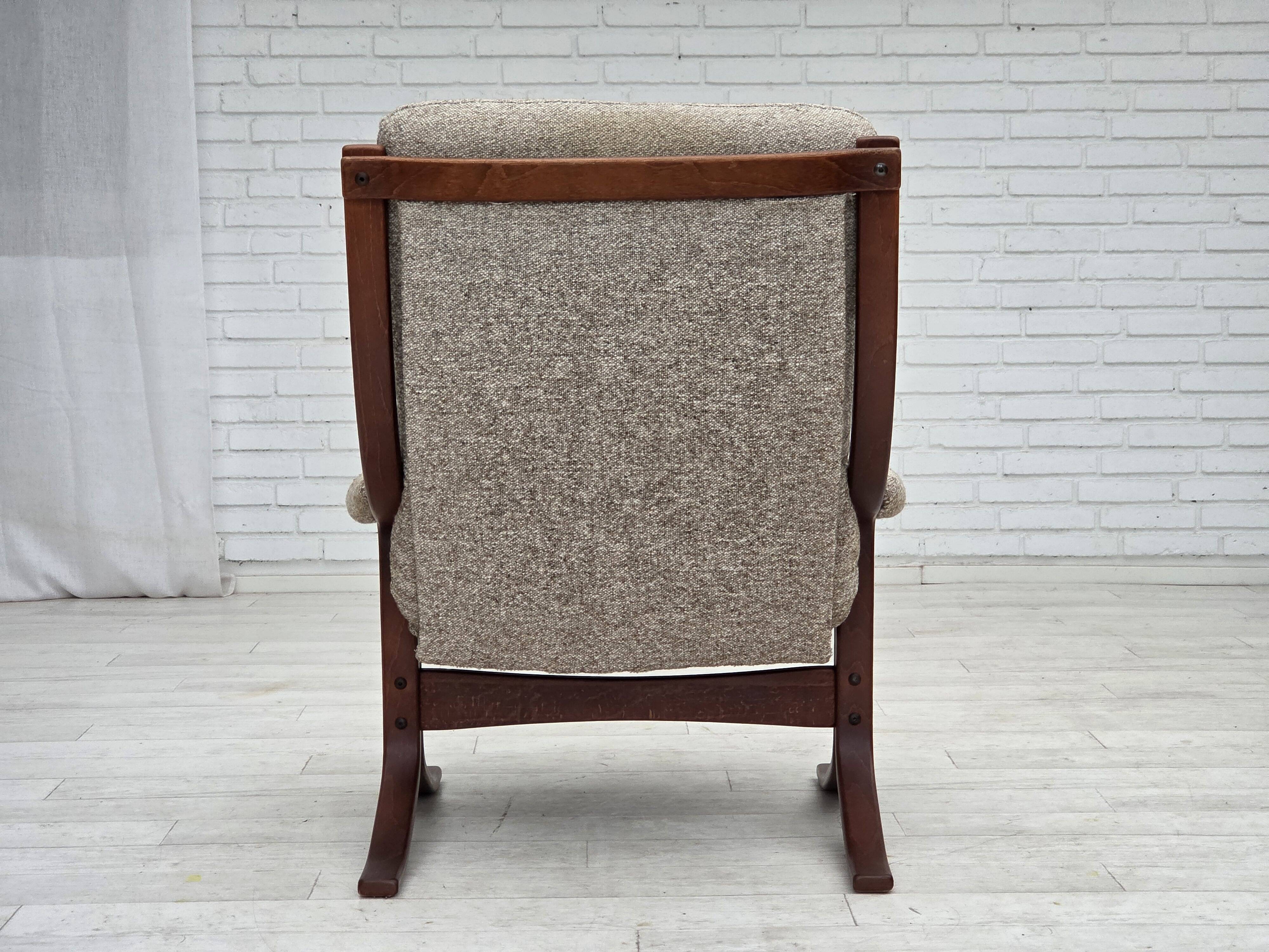 1970s, Norwegian design armchair, blend wool fabric, bent wood.