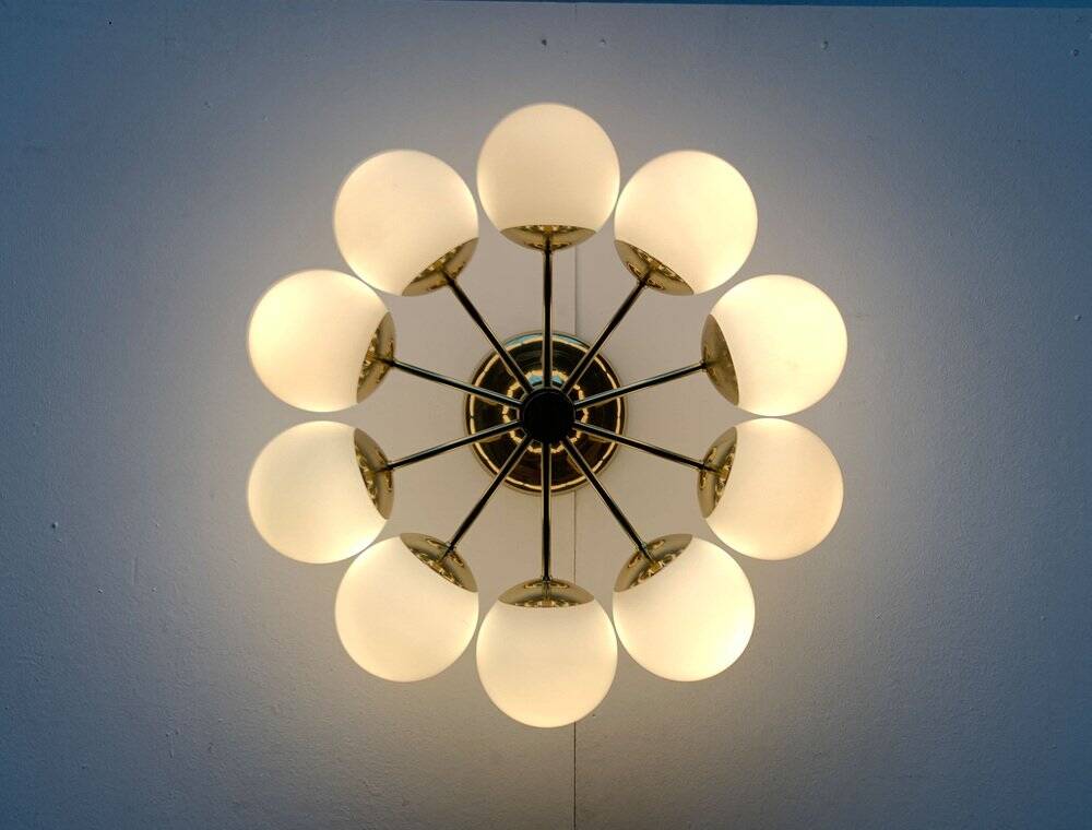 German brass ceiling lamp in mid-century modern space style by Kaiser Leuchten, 1960s.