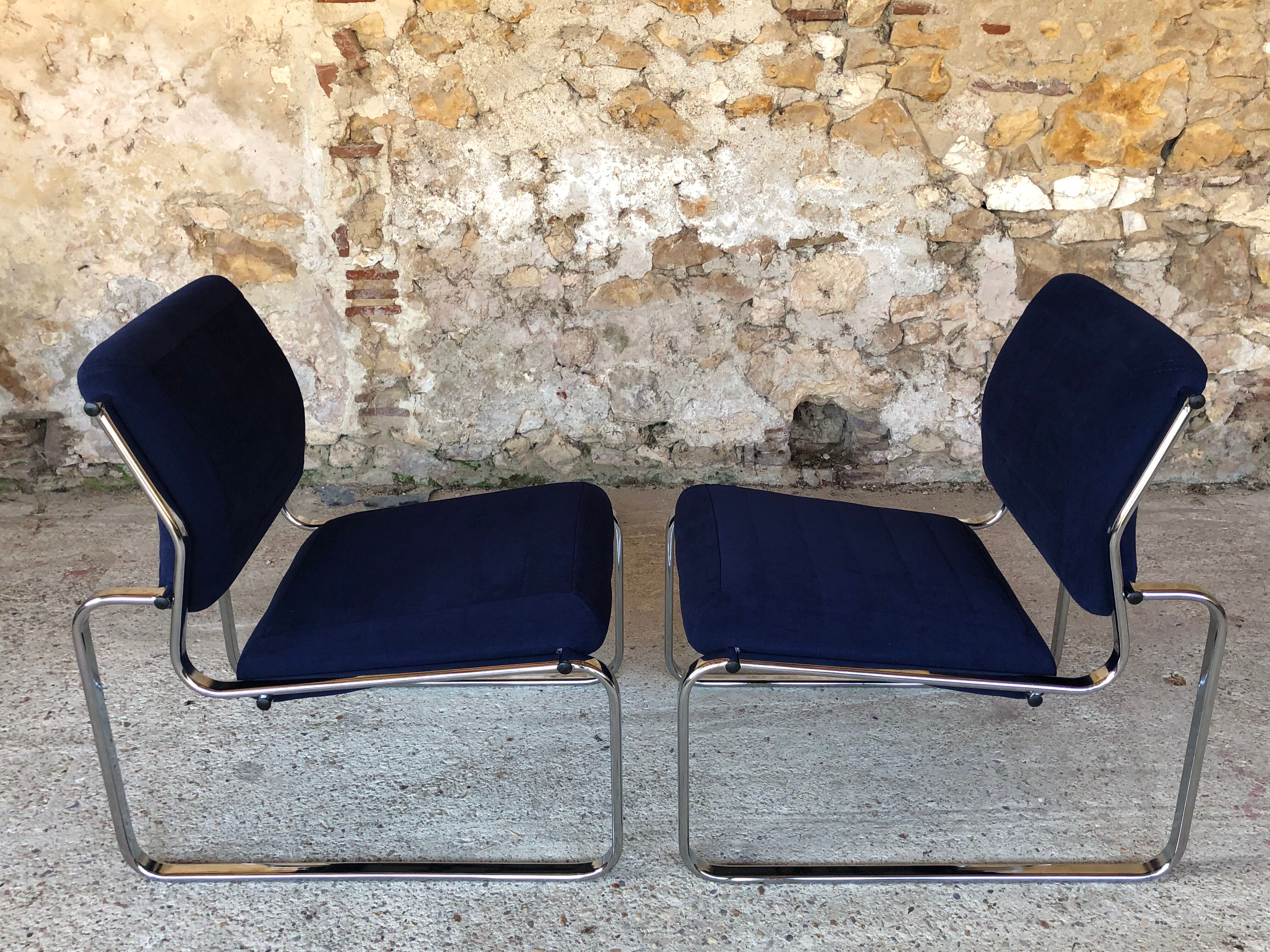 Pair of vintage chrome and blue microfibre armchairs circa 70