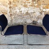 Pair of vintage chrome and blue microfibre armchairs circa 70