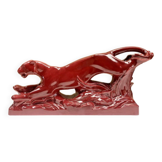 Lioness statue red cracked ceramic Saint Clement Art Deco 1930