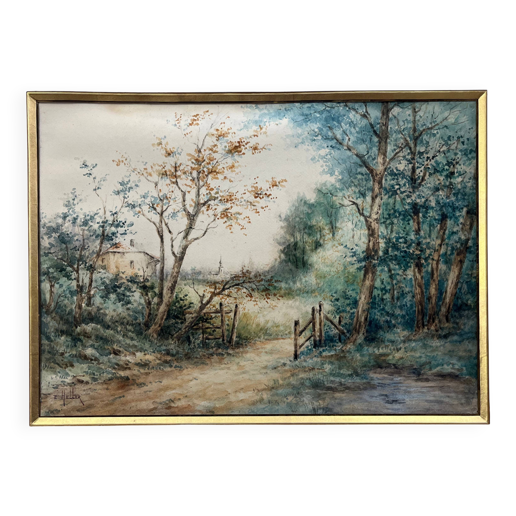 Watercolor painting by Eduard Heller (born in 1852) "Wooded Landscape in a Village"