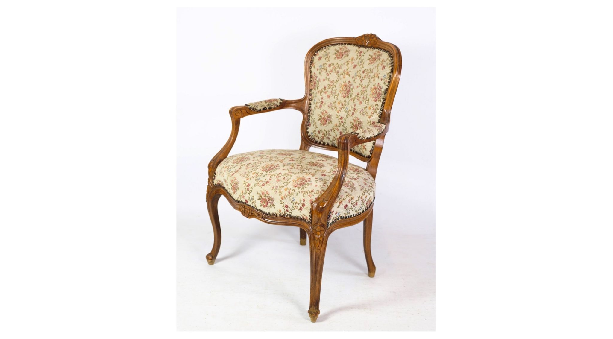 Pair of Neo-Rococo Armchairs with Decorated Fabric in Light Wood