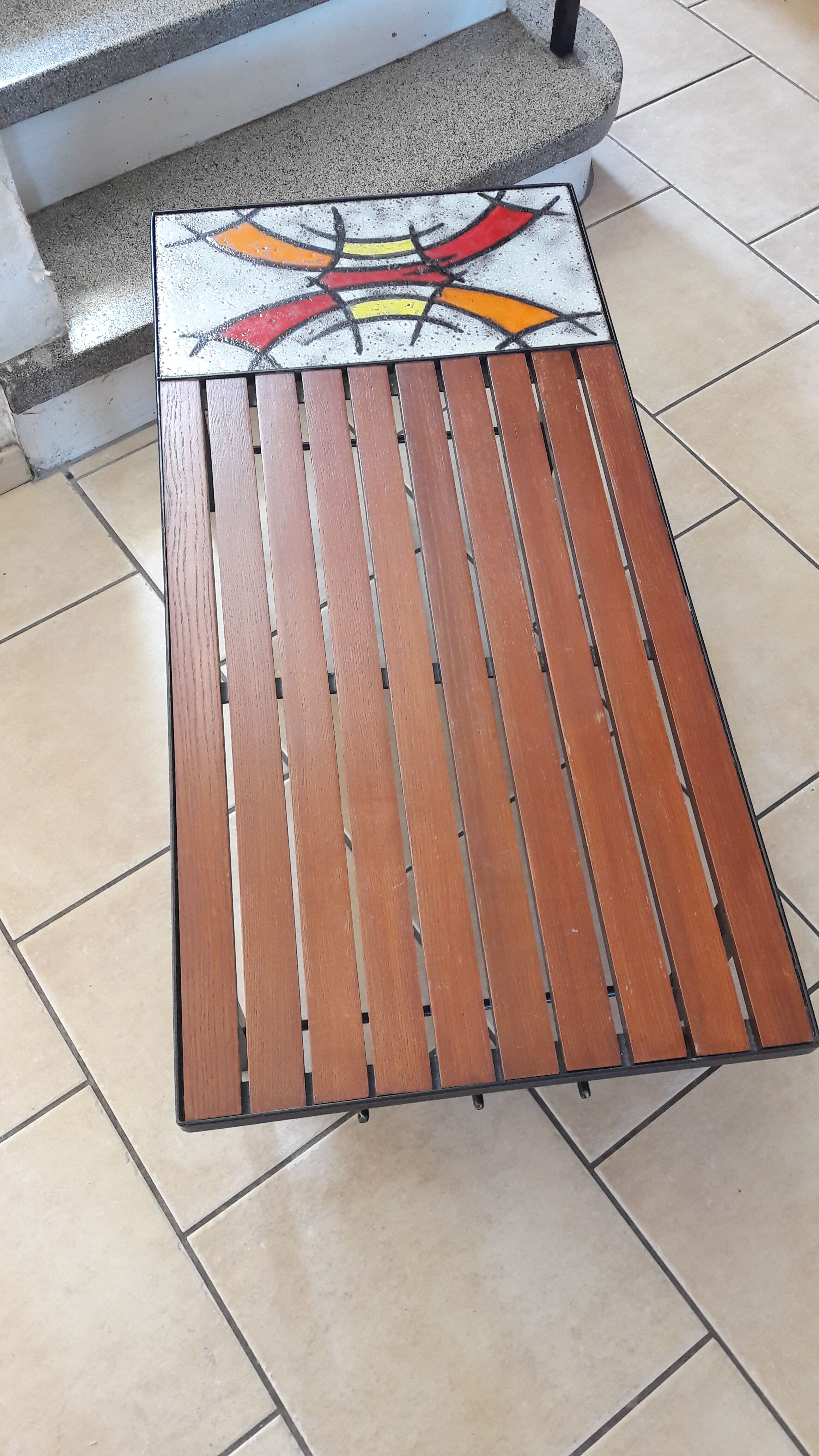 Coffee table tray teak ceramic signed MJR 60s