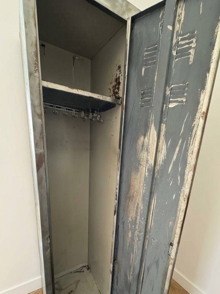 Patinated metal industrial-style locker cabinet