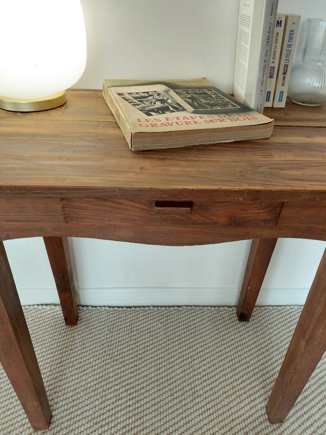 Old solid wood console - drawer - curved line - chic country style