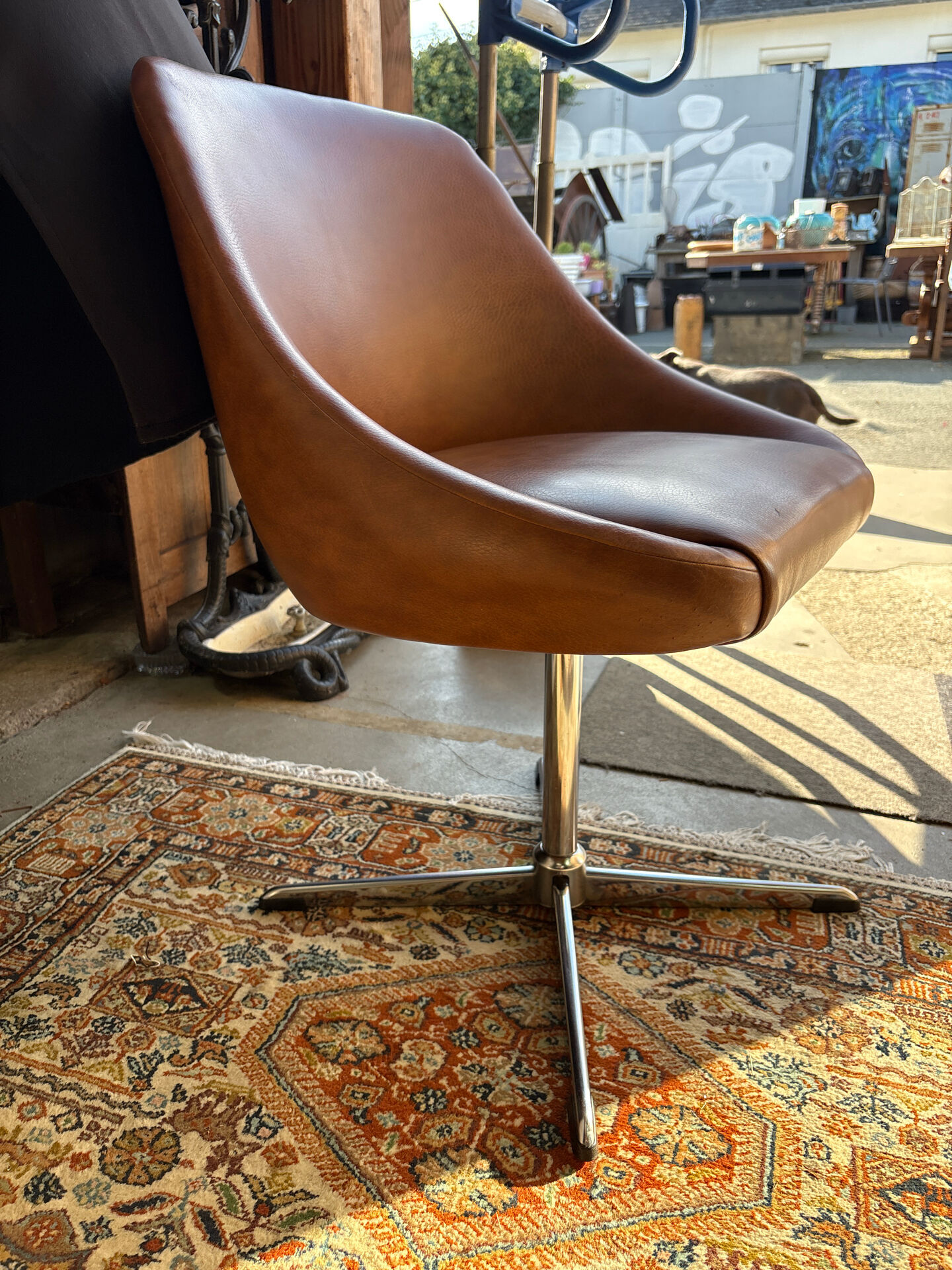 Vintage swivel office chair in cognac faux leather – 1970s