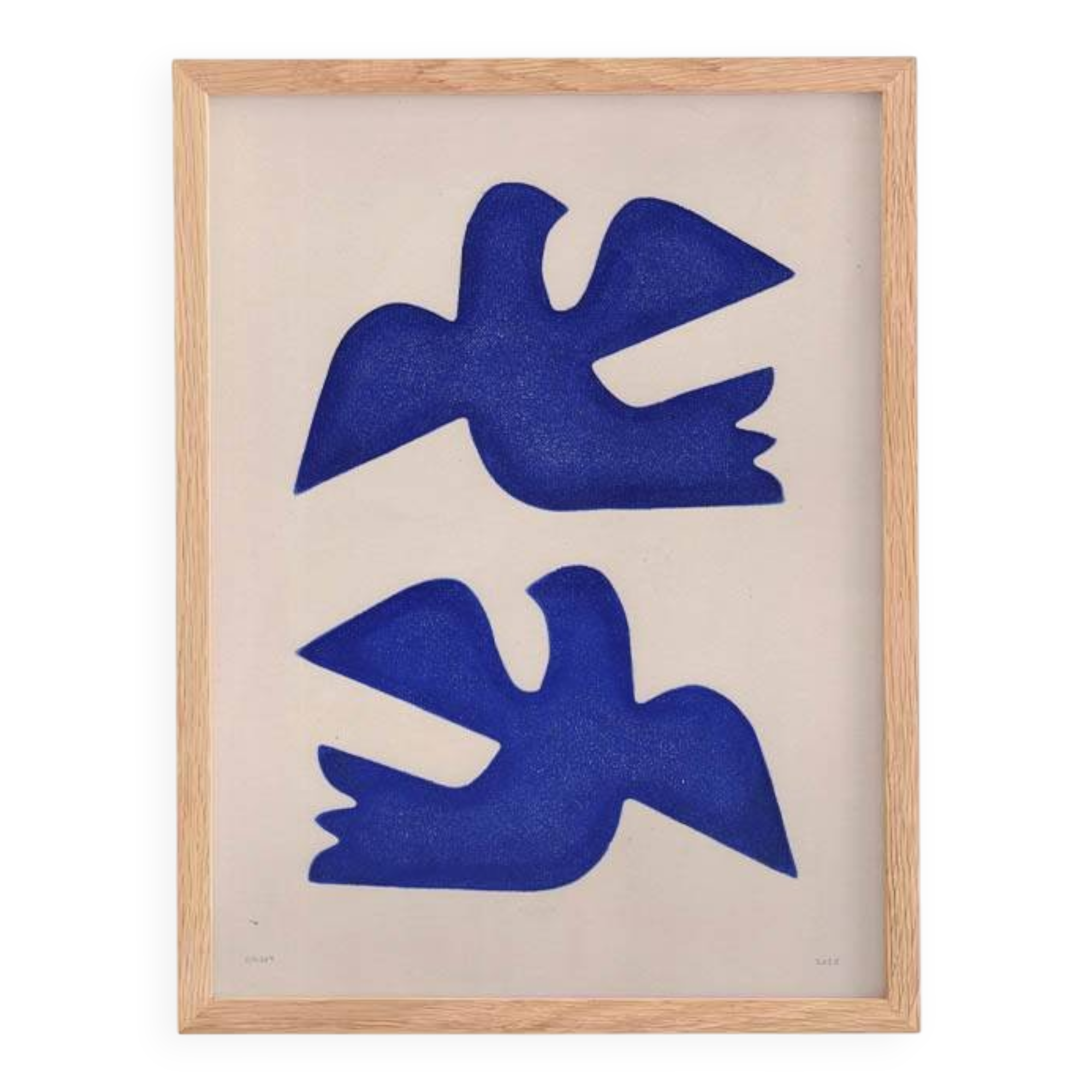Painting 30x40cm blue birds on paper framed signed Eawy