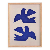 Painting 30x40cm blue birds on paper framed signed Eawy