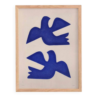 Painting 30x40cm blue birds on paper framed signed Eawy