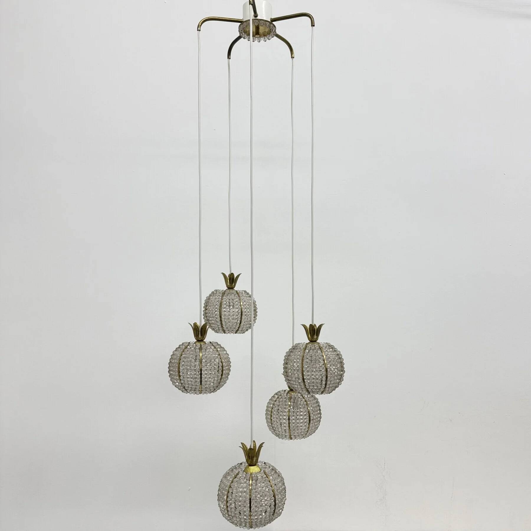 Rare pineapple design cascade hanging lamp with 5 balls by Emil Stejnar, 1950s