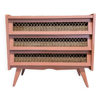 Wooden and rattan chest of drawers