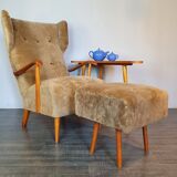 Norwegian sheepskin wing armchair with ottoman 1950