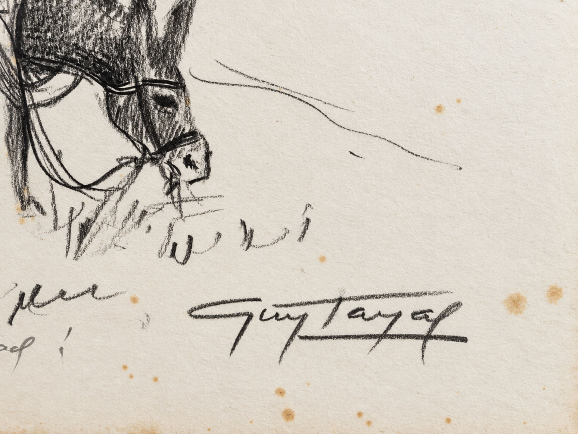 Dessin encadré original signé Guy Tayal âne attelé