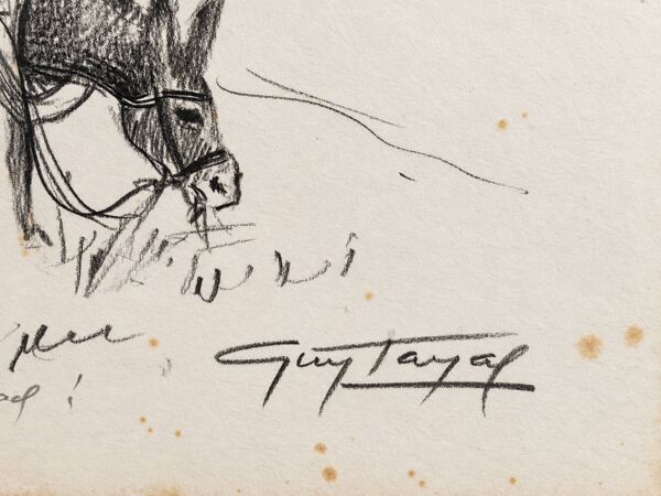Dessin encadré original signé Guy Tayal âne attelé