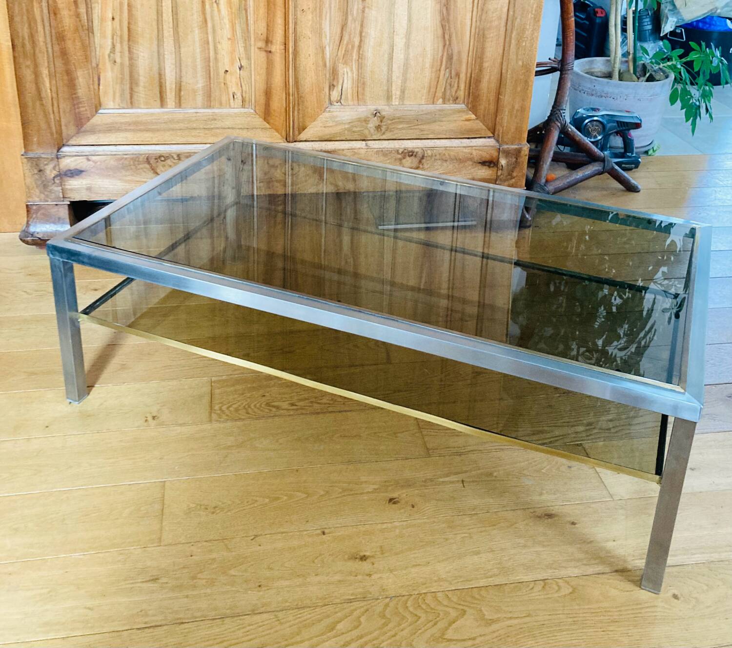 1970s coffee table in brushed metal, brass and smoked glass by Willy R