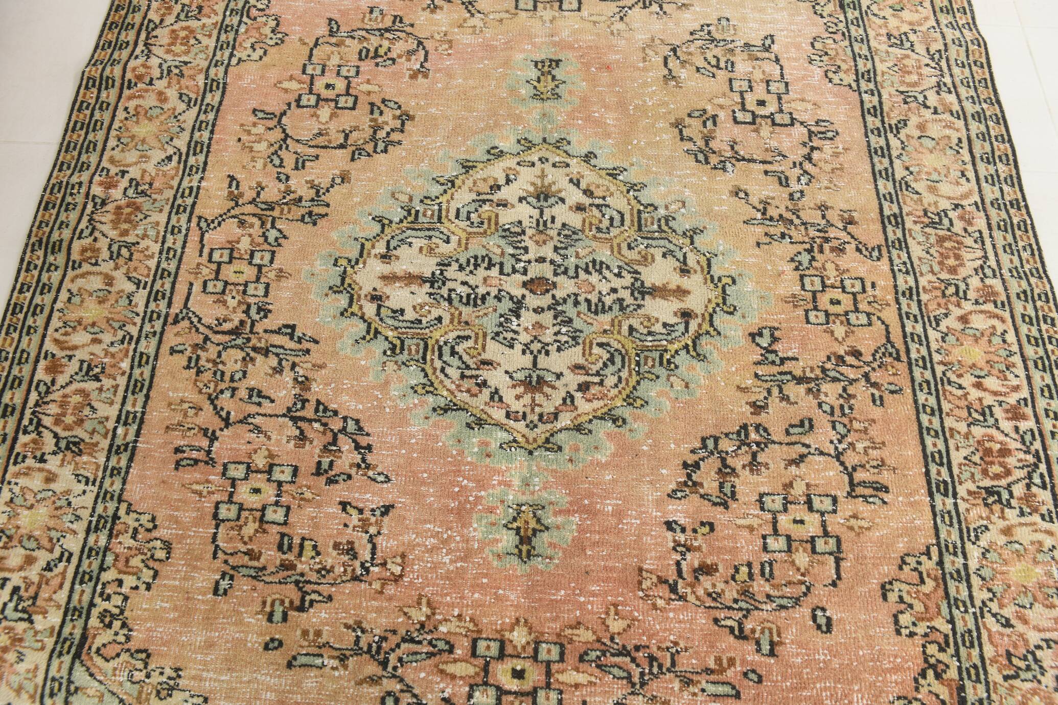Tapis Vintage Anatolien Rose Poudré, Vert Sauge et Bleu, Fait Main, 191x286 Cm