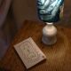 Blue alabaster floor lamp with a handmade cyanotype lampshade.