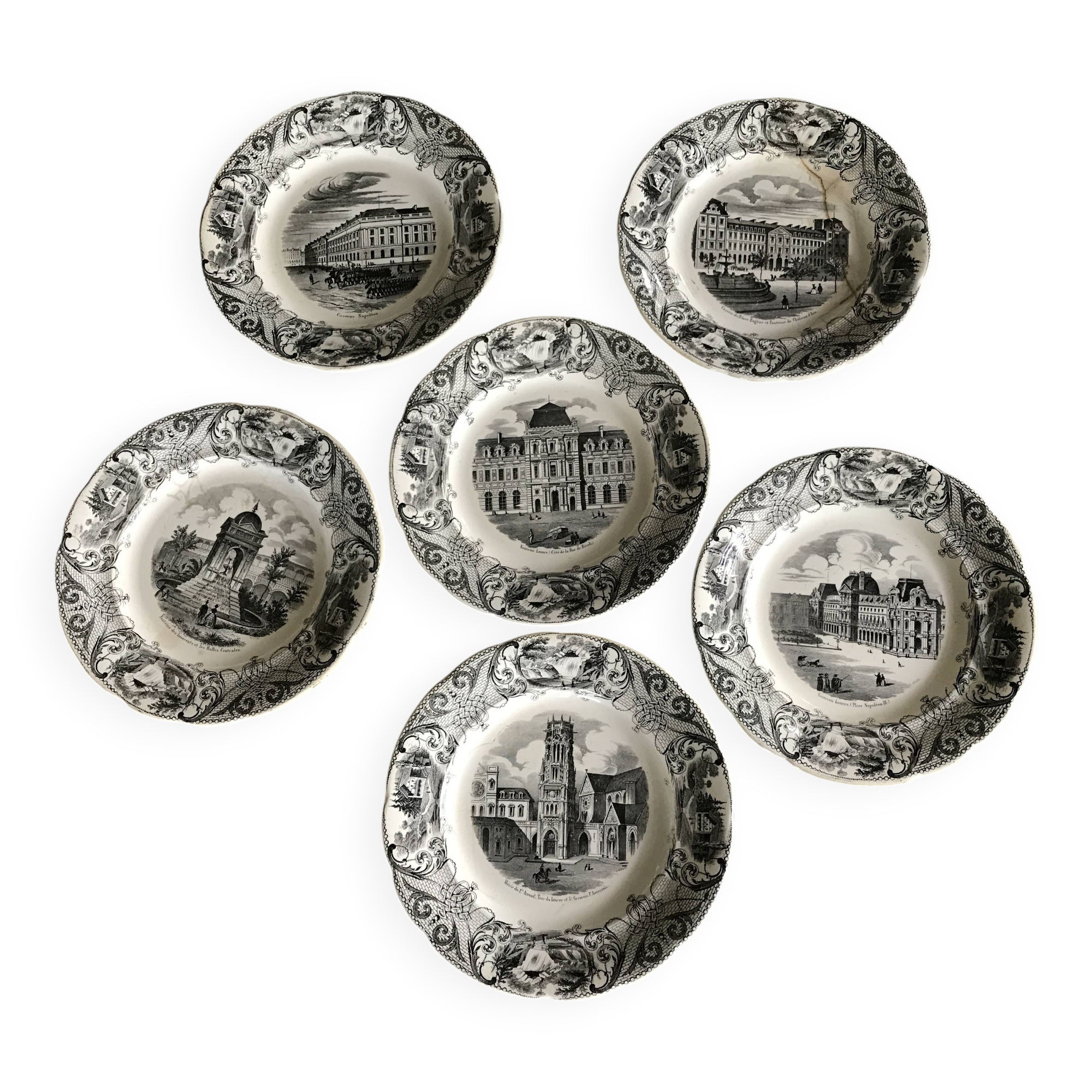Set of 6 antique choisy-le-roi earthenware plates with grisaille decoration