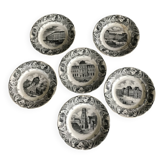 Set of 6 antique choisy-le-roi earthenware plates with grisaille decoration