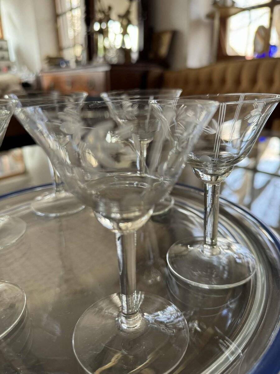 Vintage hand-engraved crystal glasses, 1940s, set of 6