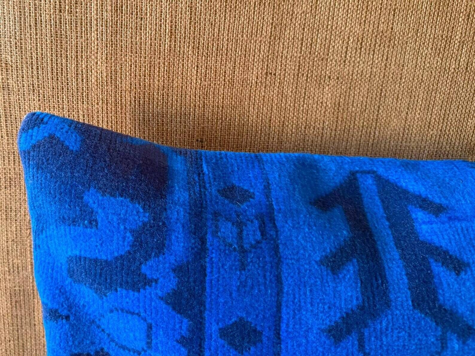 Electric Blue Vintage Turkish Rug Pillow, Hand-Stitched Wool Cushion