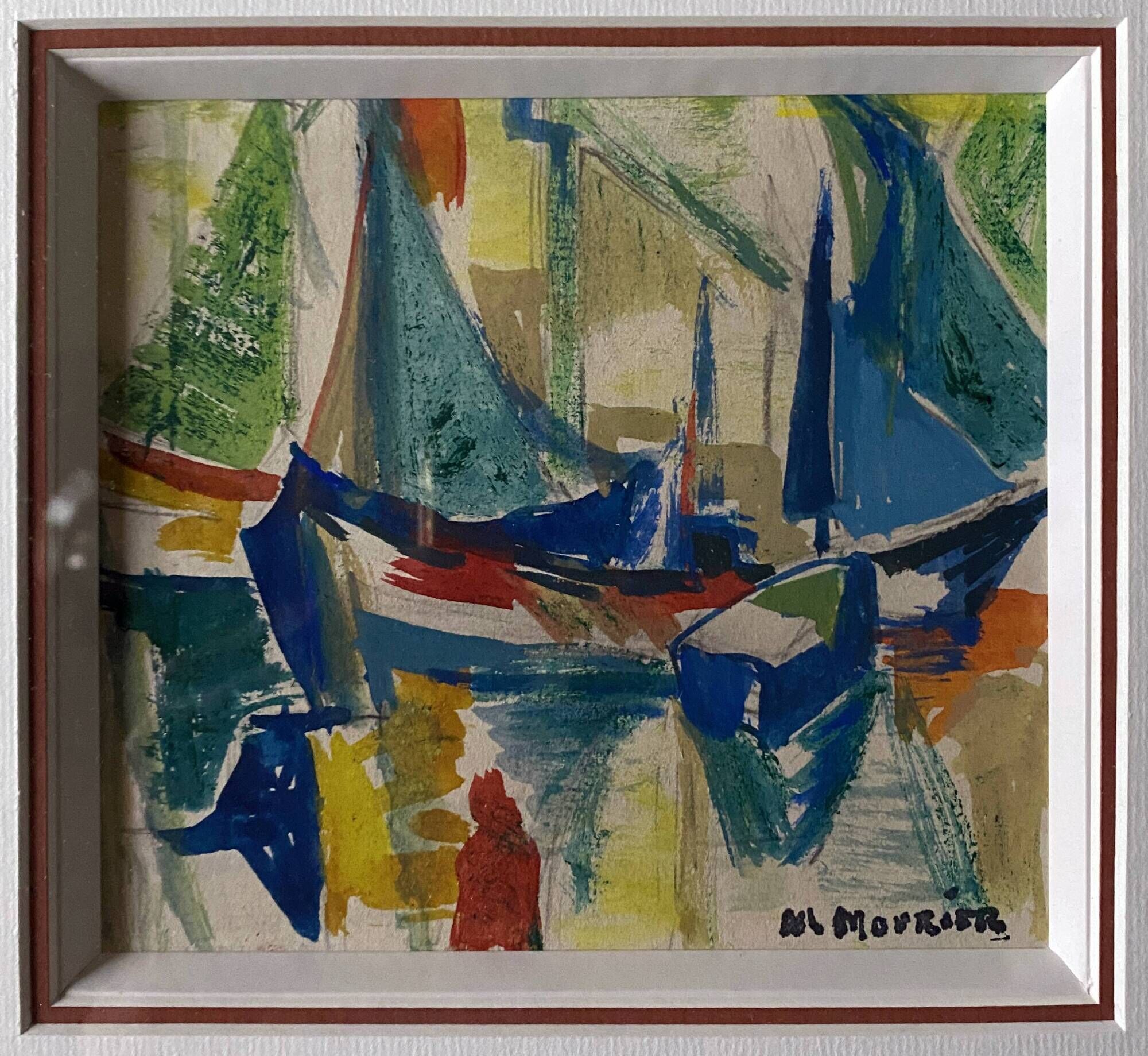 Watercolor Painting MOURIER Marguerite (1910-1987) "the sailboats" + frame