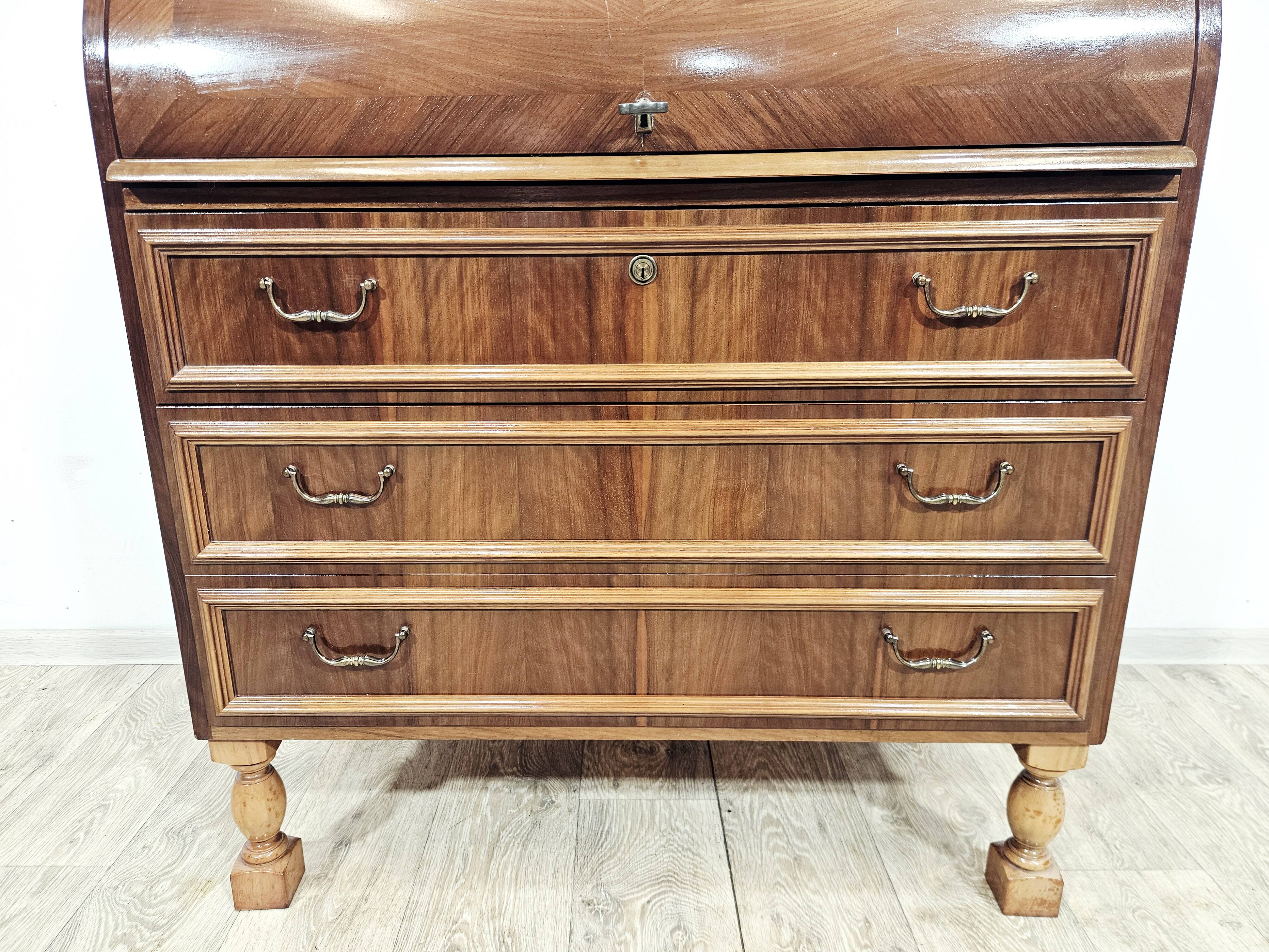 Walnut cylinder-roll-top secretary desk, 1970s.