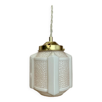 Vintage art deco globe pendant light in pale pink opaline.