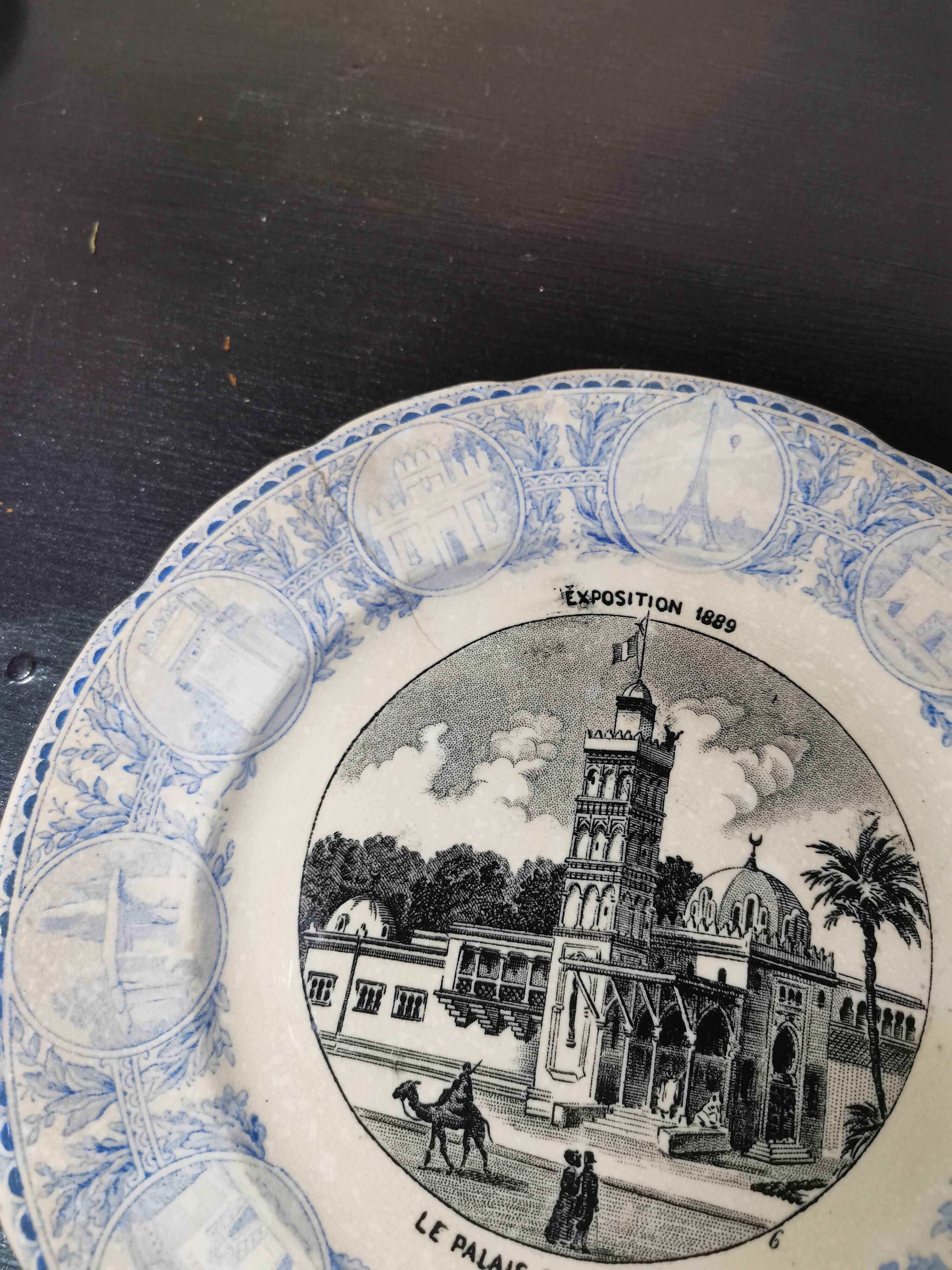 Lot 10 assiettes parlantes opaque Sarreguemines fin 19 ème, exposition universelle 1889