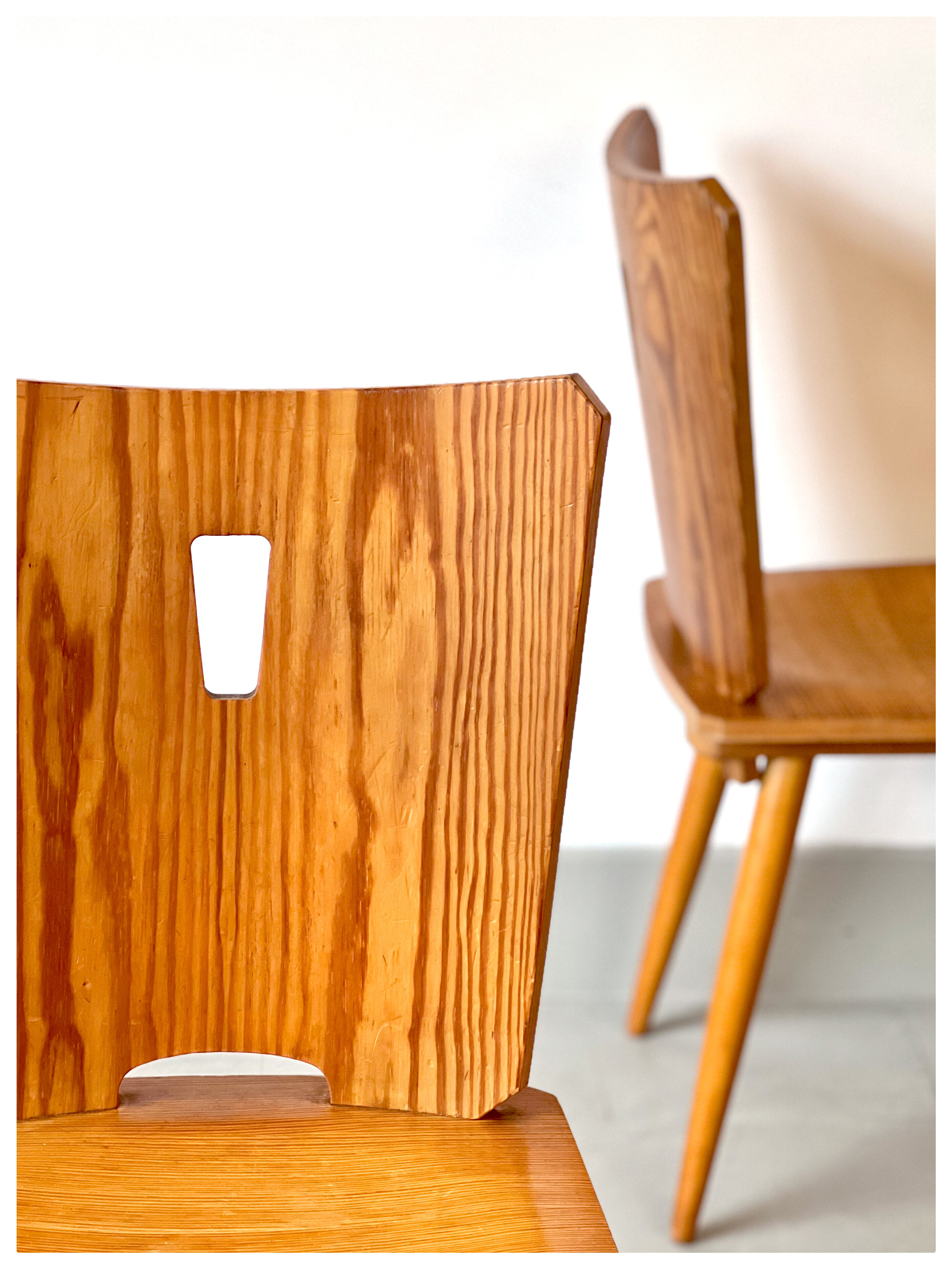 Vintage brutalist pine chairs