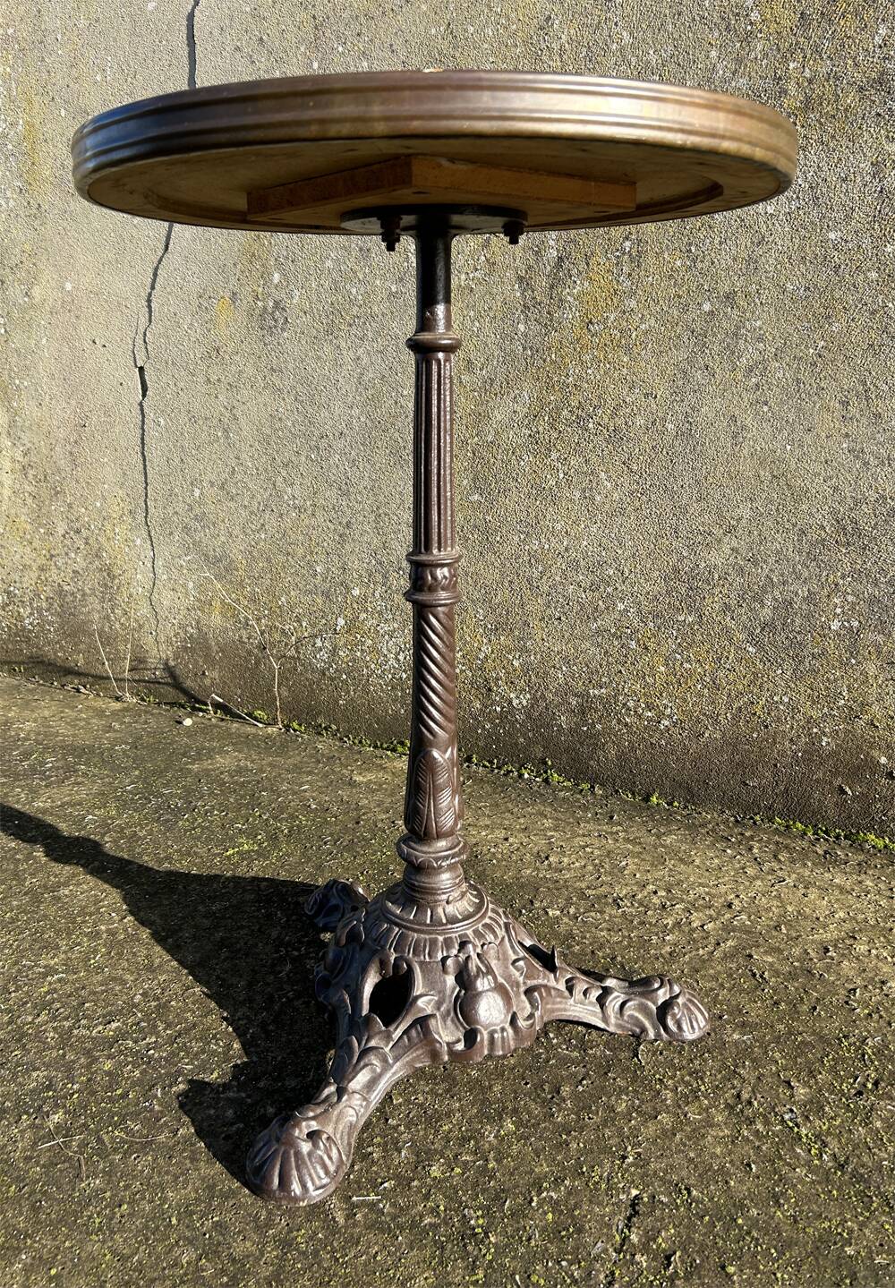 Round bistro table, cast iron base, vintage, 1940s