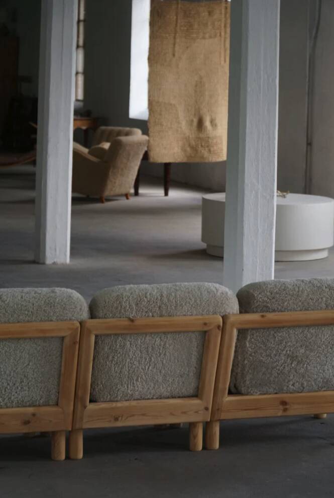 Danish Three Seater Sofa in Pine and Lambswool, Scandinavian Modern Sofa, 1