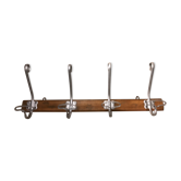 Old vintage wood and metal wall coat holder 4 patères