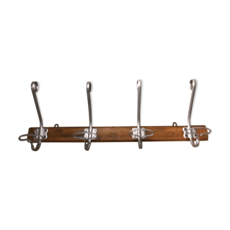 Ancien porte manteau mural vintage bois et métal 4 patères