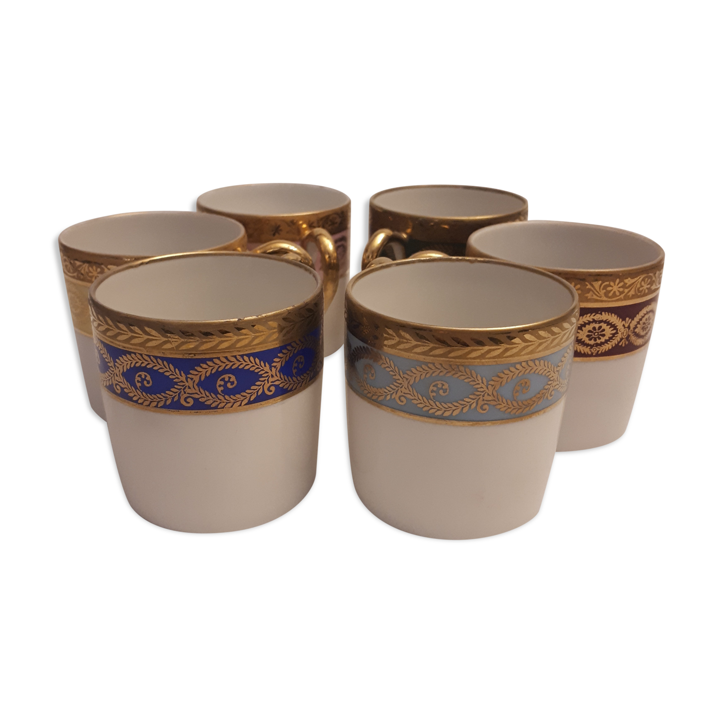 6 cups coffee mocha porcelain limoges Empire style golden frieze