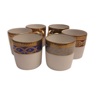 6 cups coffee mocha porcelain limoges Empire style golden frieze