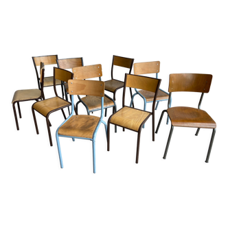 Set of 10 mismatched industrial chairs vintage mullca tube & wood gaston Cavaillon