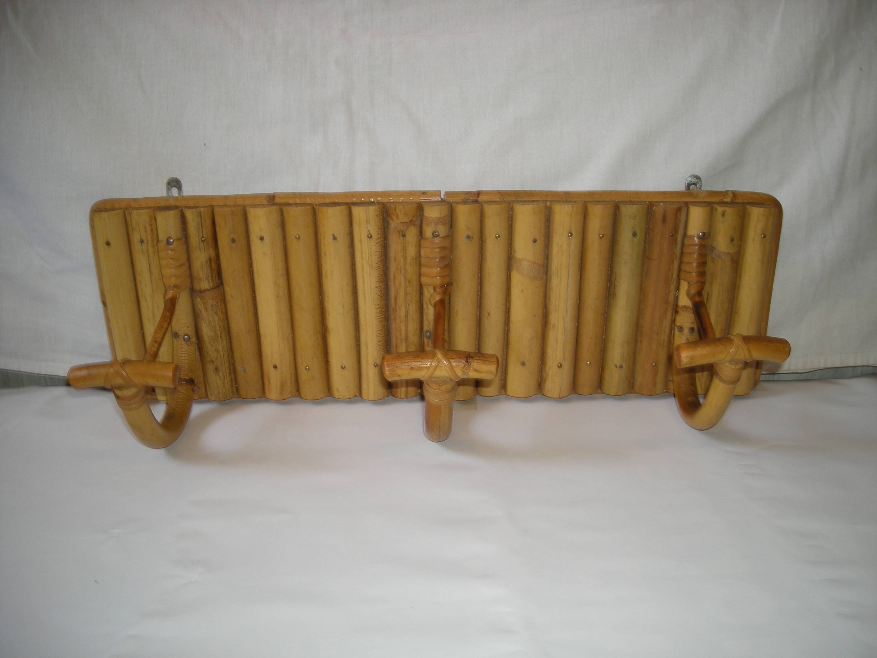 1950s bamboo rattan wall coat rack