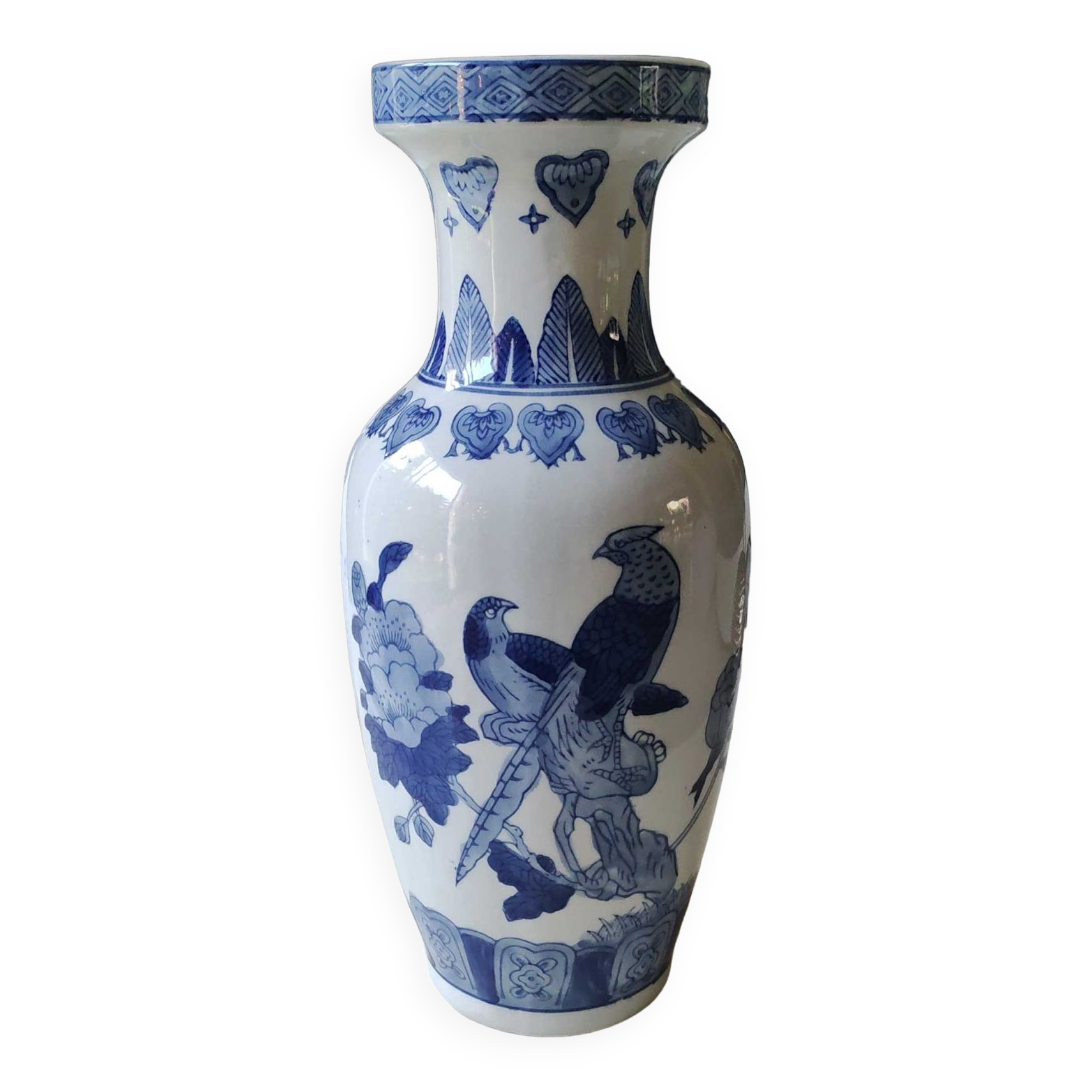 Asian baluster vase. Exotic floral/bird designs. Feather friezes, hearts. High 36 cm