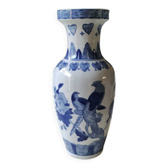 Asian baluster vase. Exotic floral/bird designs. Feather friezes, hearts. High 36 cm