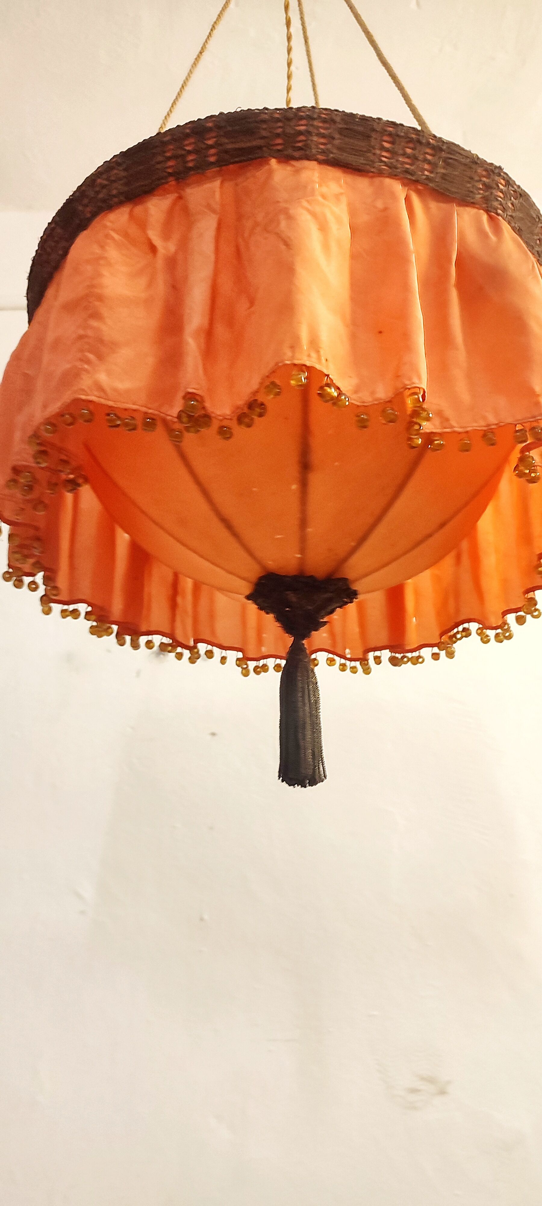 Ceiling lamp made of satin fabric and crystals, Spain, 1940