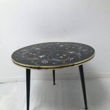 Table basse tripode plateau miroir et décor 1960