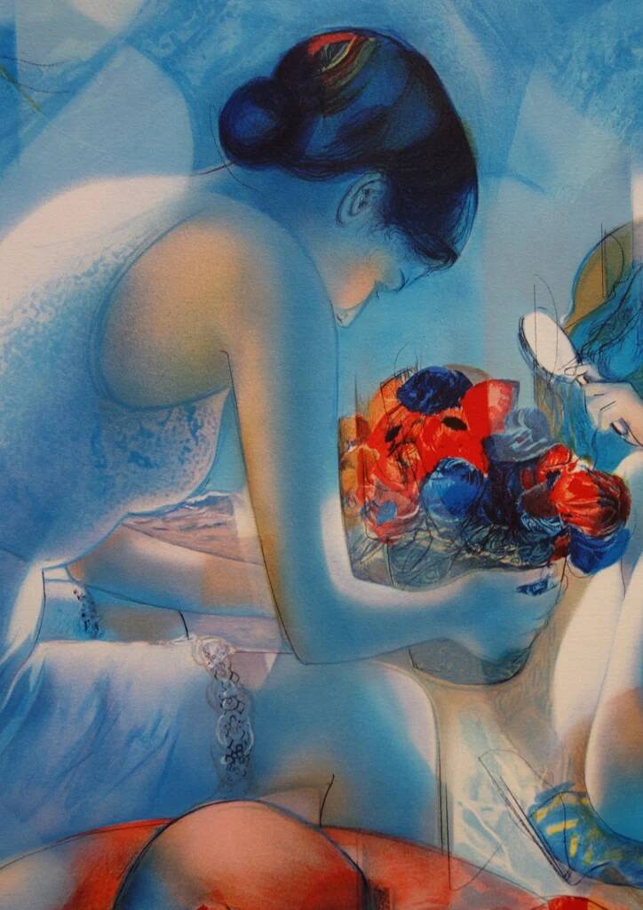 Jean-Baptiste Valadié: Blue Breeze, Mother and Daughter, original signed lithograph