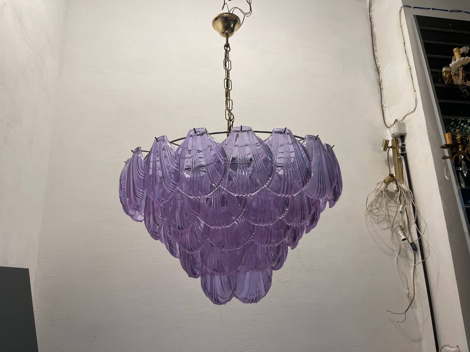 Large Retro Shell Glass Lavender Blue Chandelier