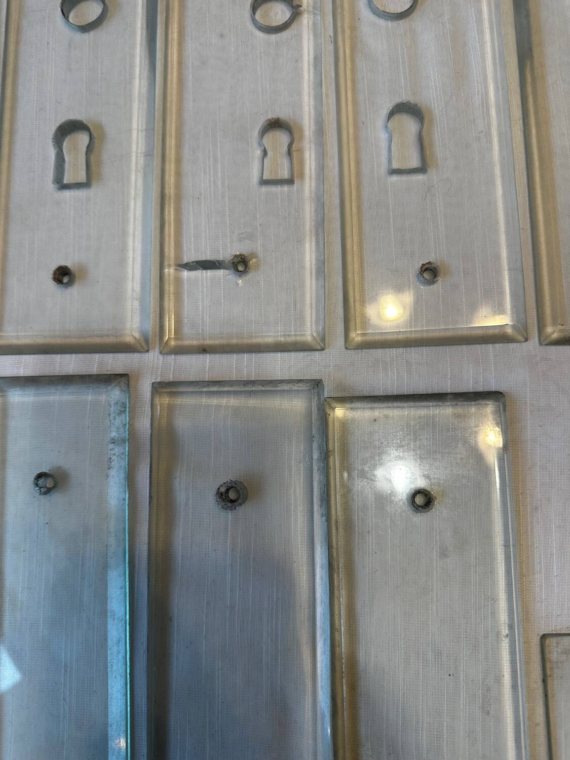 11 bevelled glass cleanliness plaques + 4 Art Deco glass plaques